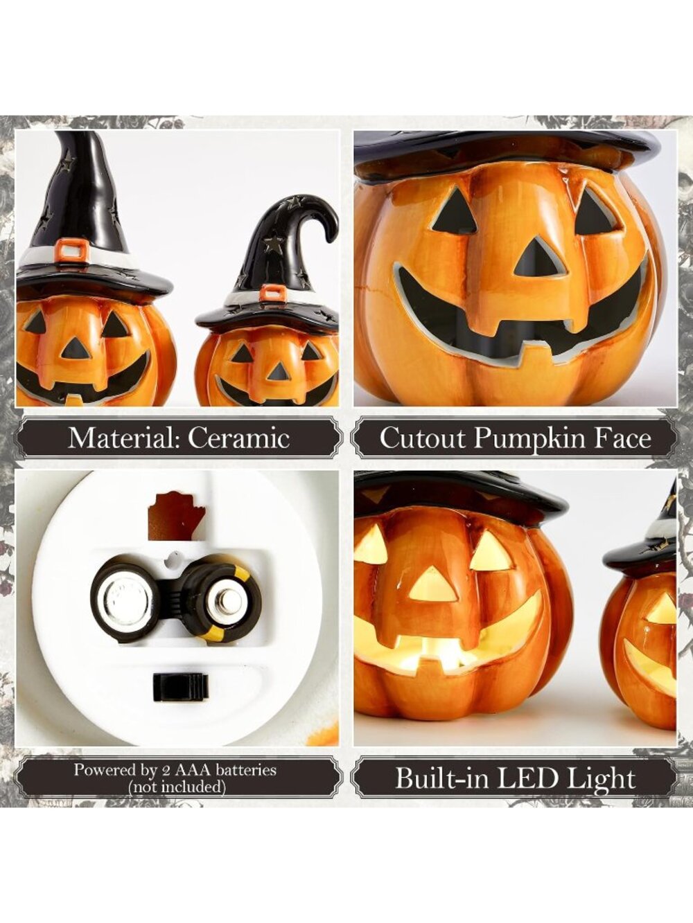 New Halloween Pumpkin Lights Ceramic Jack O Lantern LED Table Decor 2PCS - Picture 5 of 6
